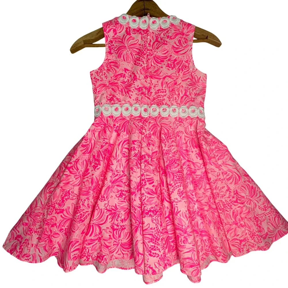 Lilly Pulitzer Girls Pink White Floral Lace Trim Sleeveless Flare Dress Size 8
